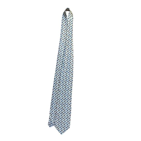 Tom James Mens Ivory Silk Tie Chain Link Red & Blue Pattern Elegant Made In USA - Picture 5 of 8